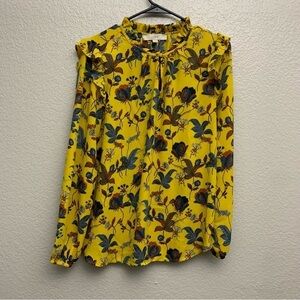 Loft Women’s Yellow Botanical Ruffled Neck and Shoulder Long Sleeve Blouse Small